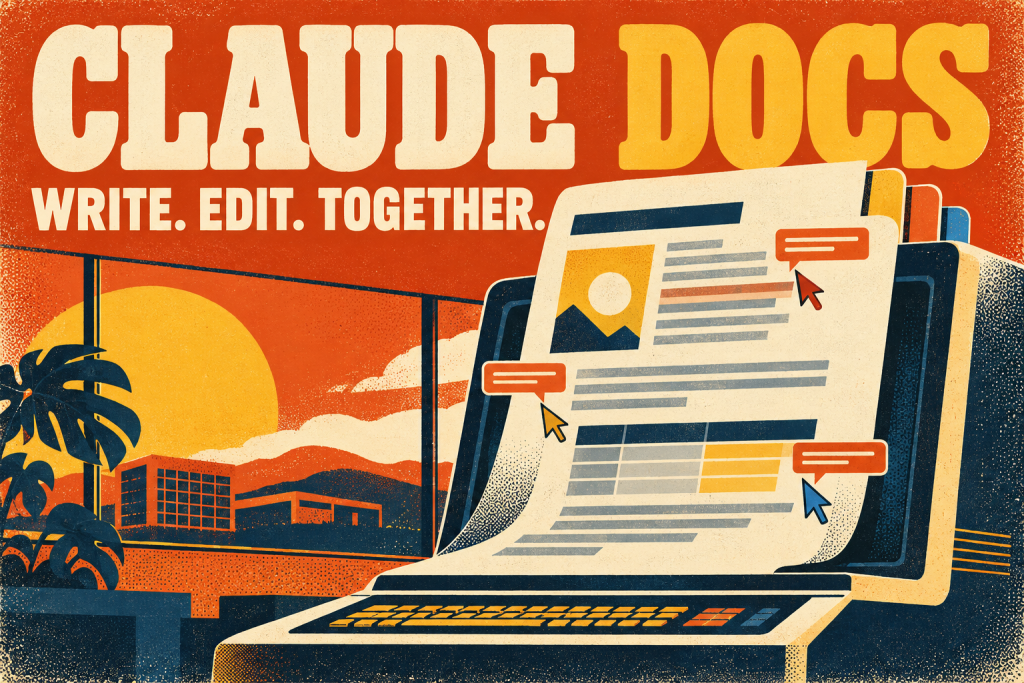 Bold retro illustration of a collaborative document with cursors and comment bubbles