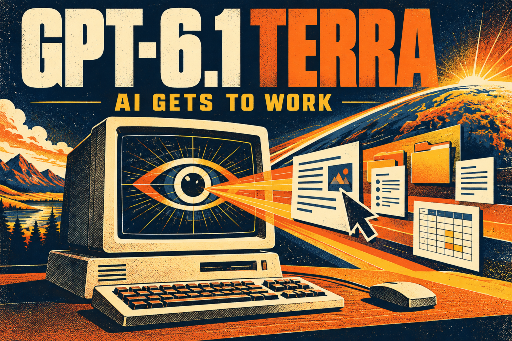 Bold retro illustration of a computer using visual AI to organize documents and business tasks
