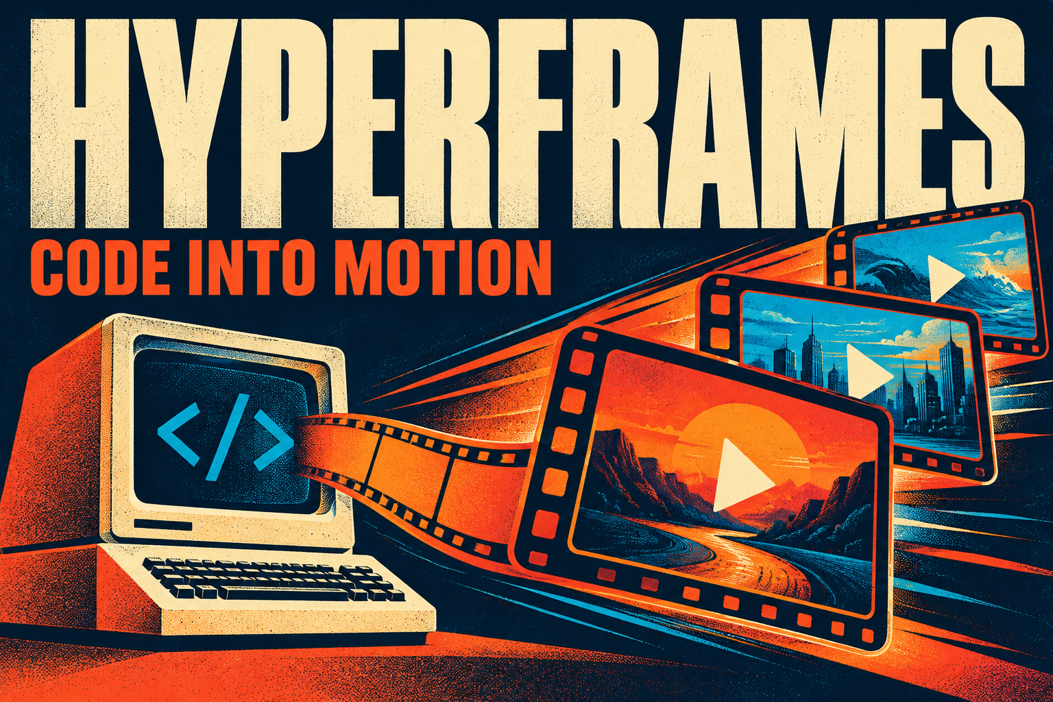 Retro computer transforming HTML code into colorful video frames