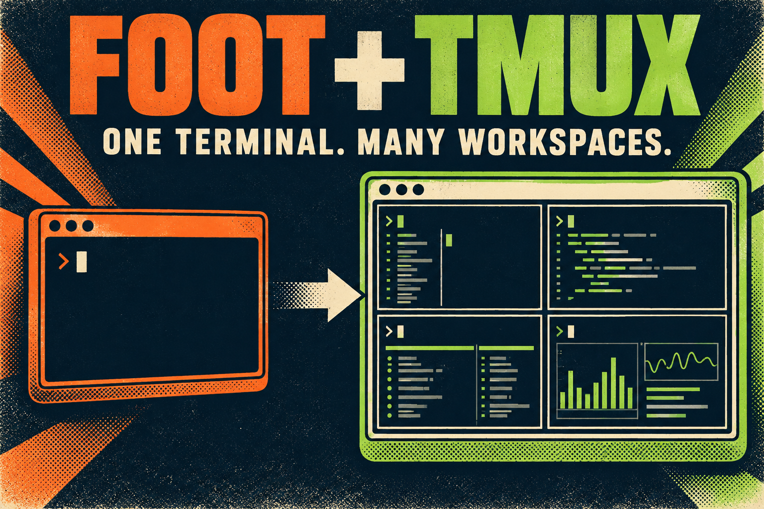 Bold retro illustration of a terminal window and organized tmux split panes