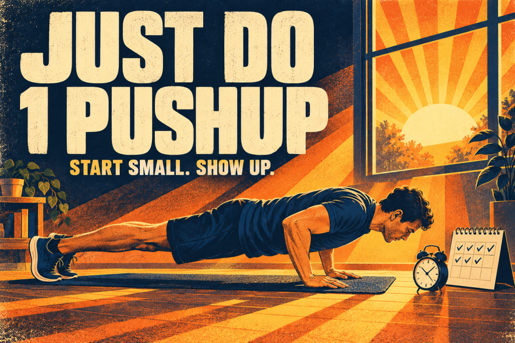 Bold retro fitness illustration of a person doing a pushup beside a sunrise window